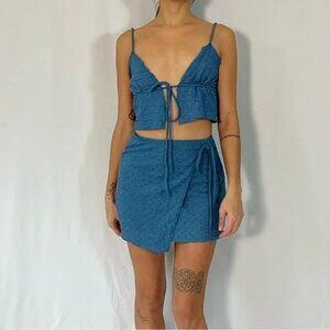 Pull & Bear Blue Textured Cami Top and Wrap Mini Skirt Set Tie Front Sz M NWT